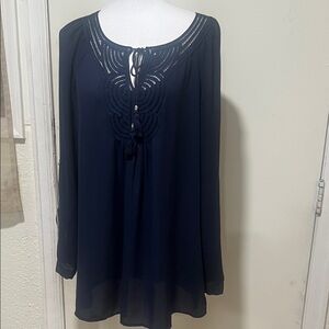 Chic Navy Women's Blouse with Lace Detail